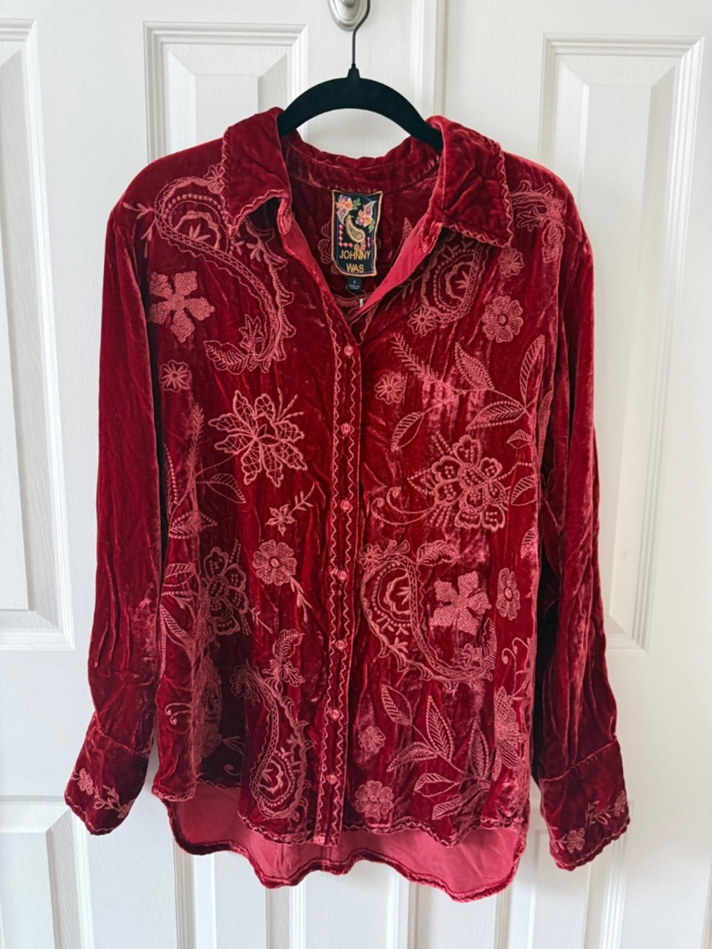 Johnny Was Velvet Relaxed Heavily Embroidered Button Up Shirt, Size S, NWT, $378